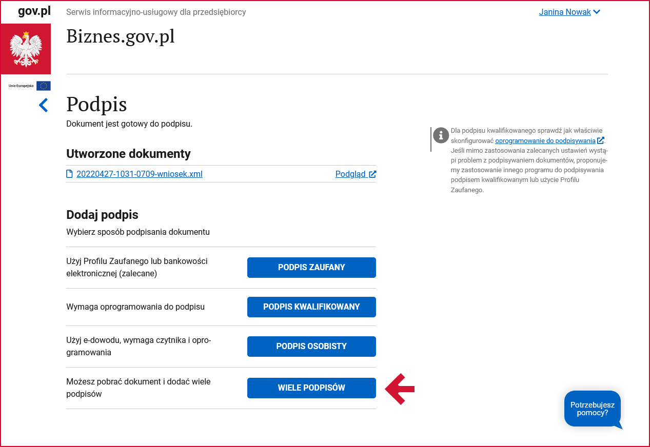 Przycisk Wiele podpisów